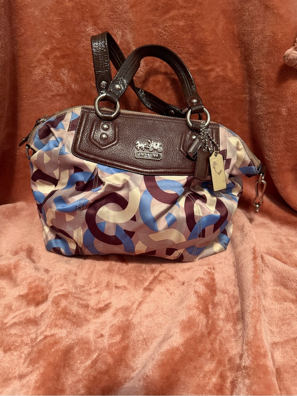 Coach Multicolor Chain-Link Print Shoulder Satchel with Brown Leather Trim